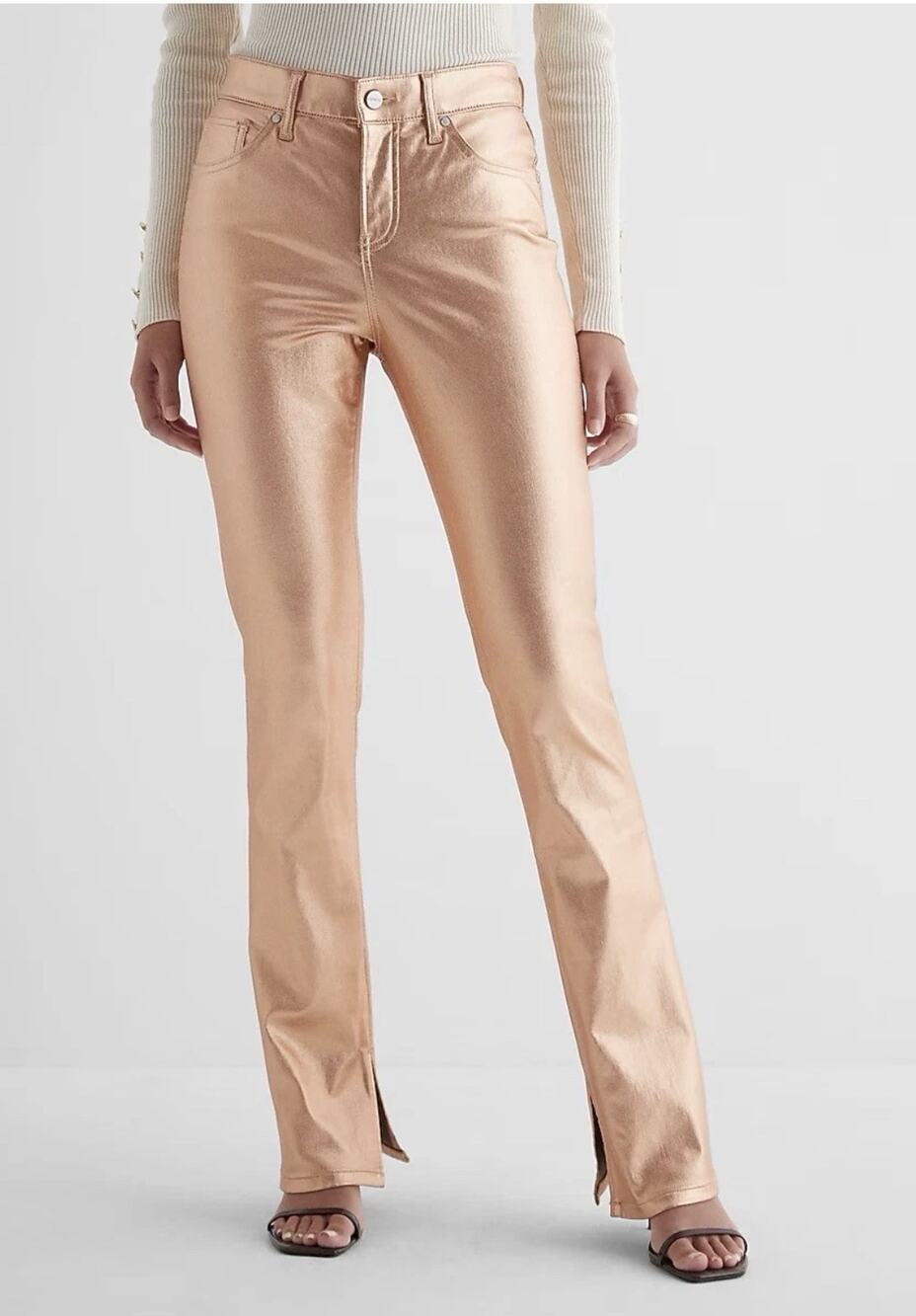 NWT Express Sky Scraper Mid Rise Rose Gold Metallic Jeans Pants Size 2R Retro
